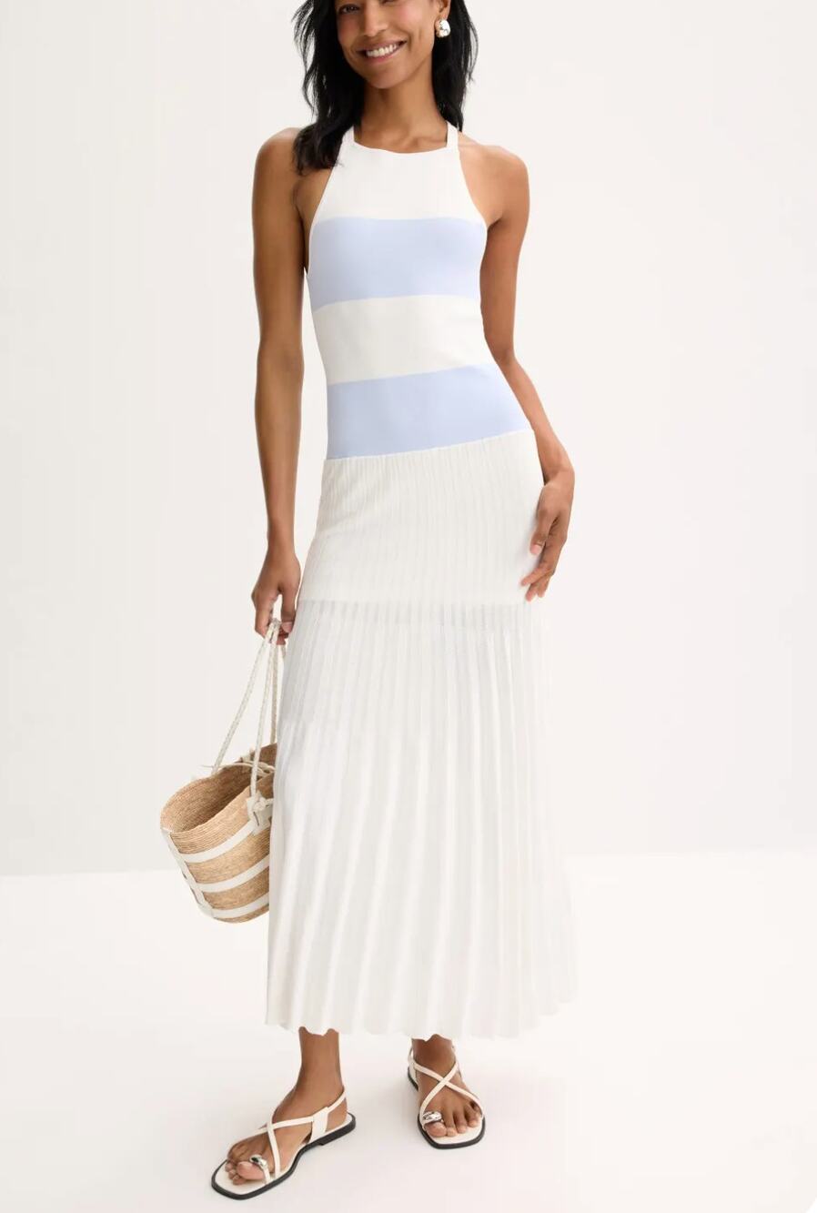 Claudie Pierlot White Blue Knit Maxi Dress XS Pleated Preppy Day Vacation $400